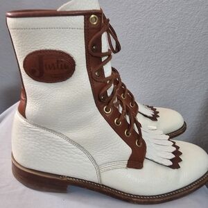 Vintage Justin Lace-Up Roper Boots Two -Toned Cream And Tan Women’s 8B
